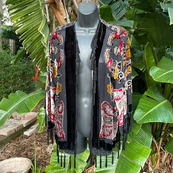 Burnout velvet jacket or duster with beaded tassel fringe - Picture 1 of 8